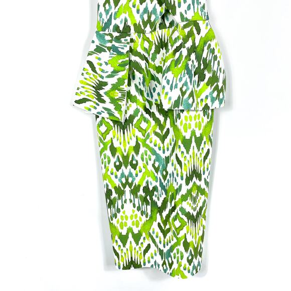 Chiara Boni‎ Chaz Dress Green White Print Sheath One Shoulder Peplum Sz 4 - Picture 6 of 11